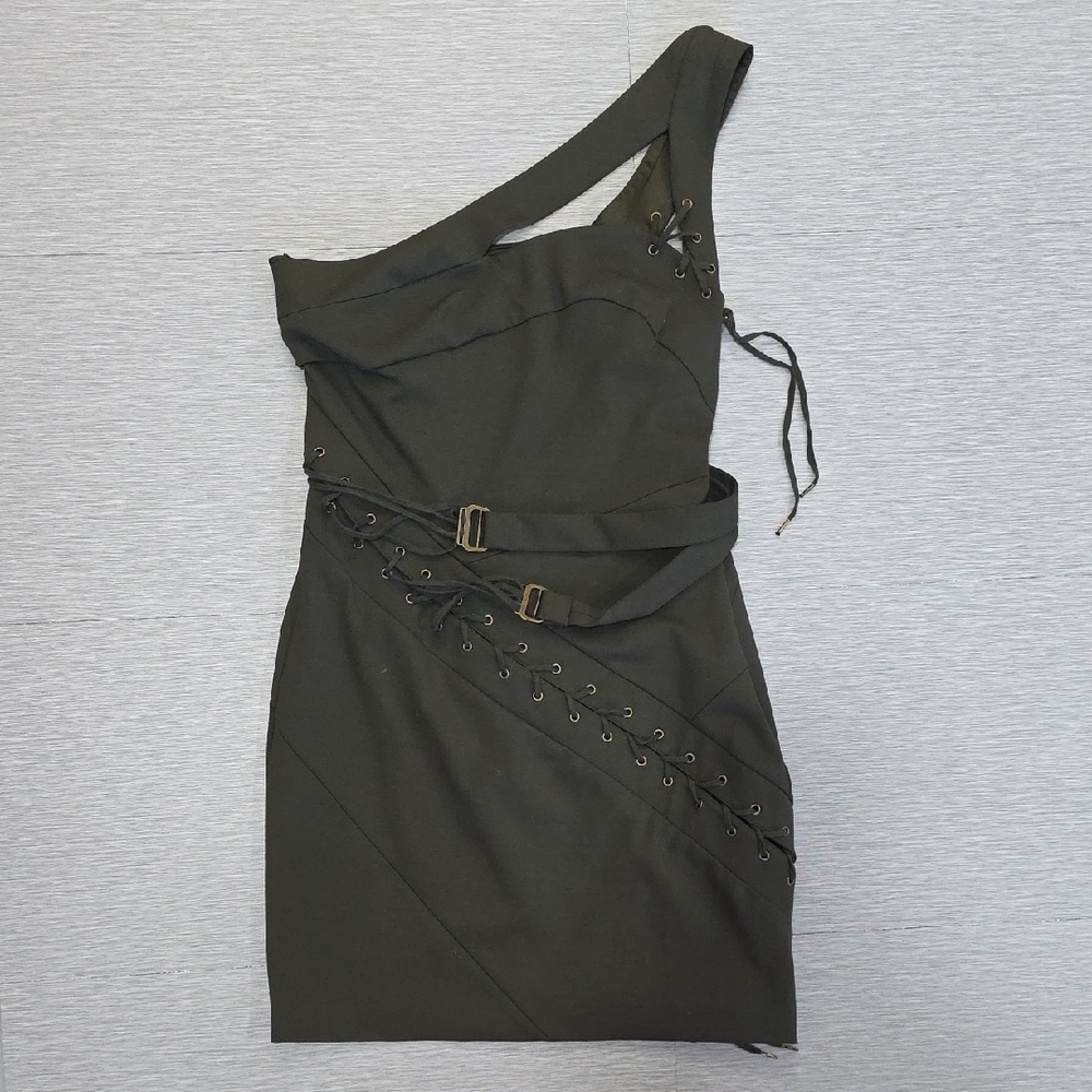 L.A.M.B. Gwen Stefani One Shoulder Mini Dress Military Olive Silk Lined Sz 10